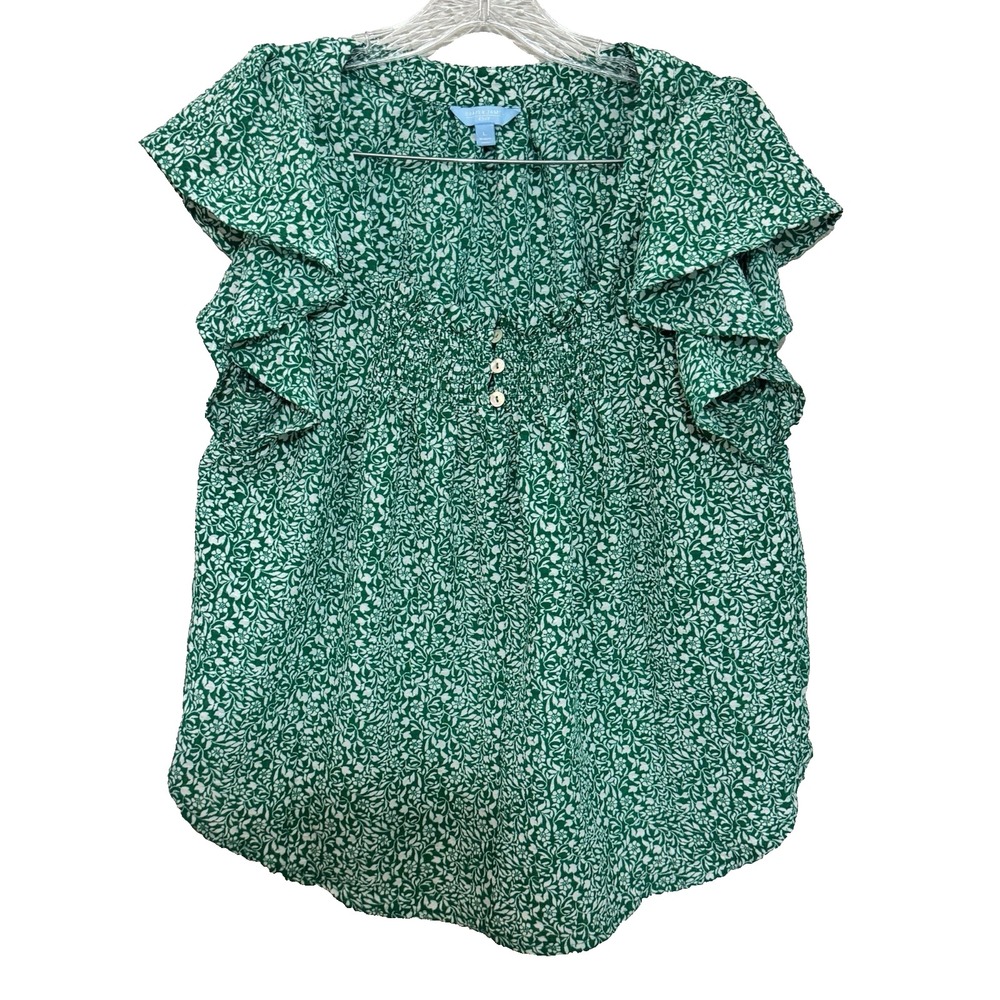 Draper James RSVP Green Large Floral Flounce Smocked Top Flutter Sleeve Peasant